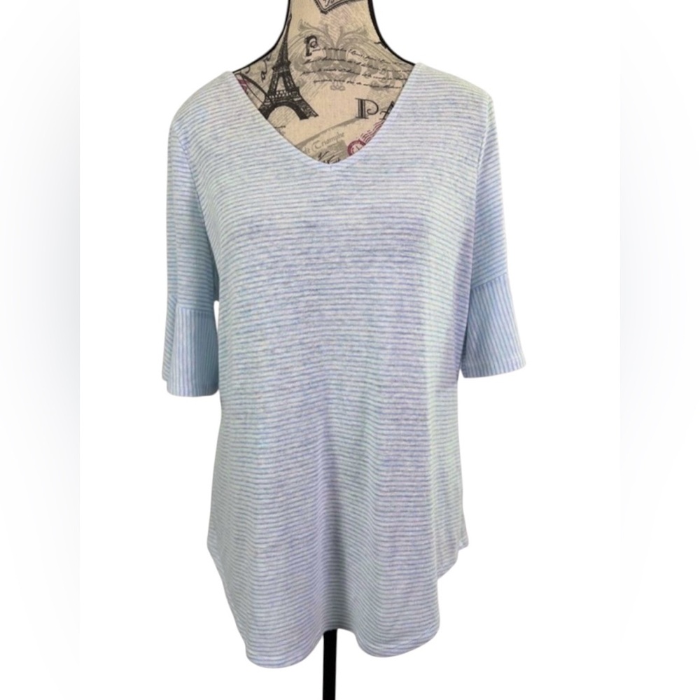 Liz Claiborne Light Blue & White Women's Ruffle Sleeve V Neck Top size M